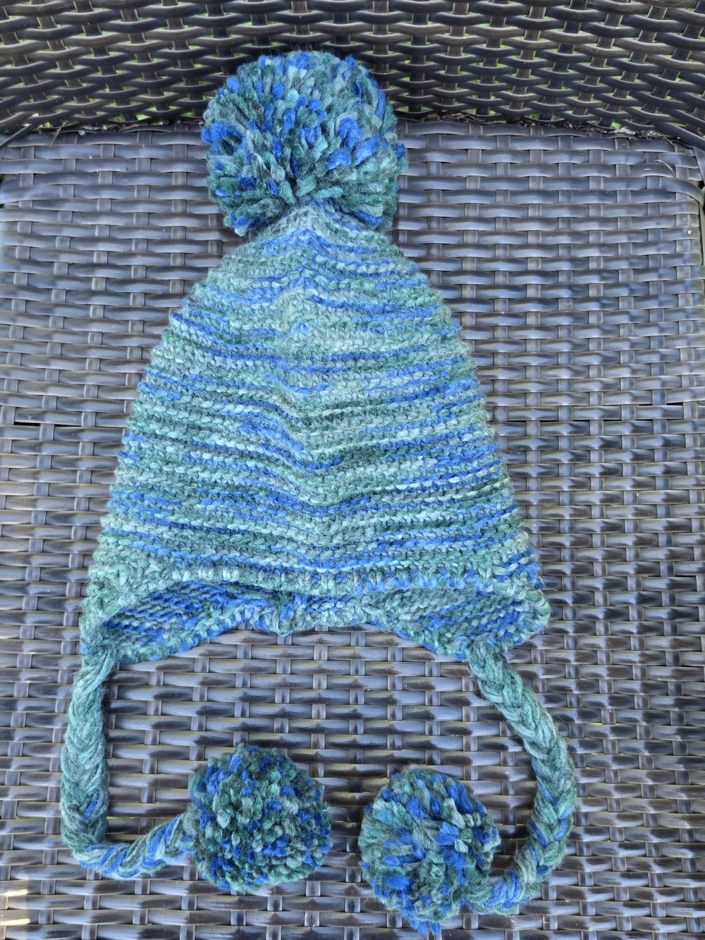 Kids Blue-Green Knit Pom Pom Earflap Hat - Brand